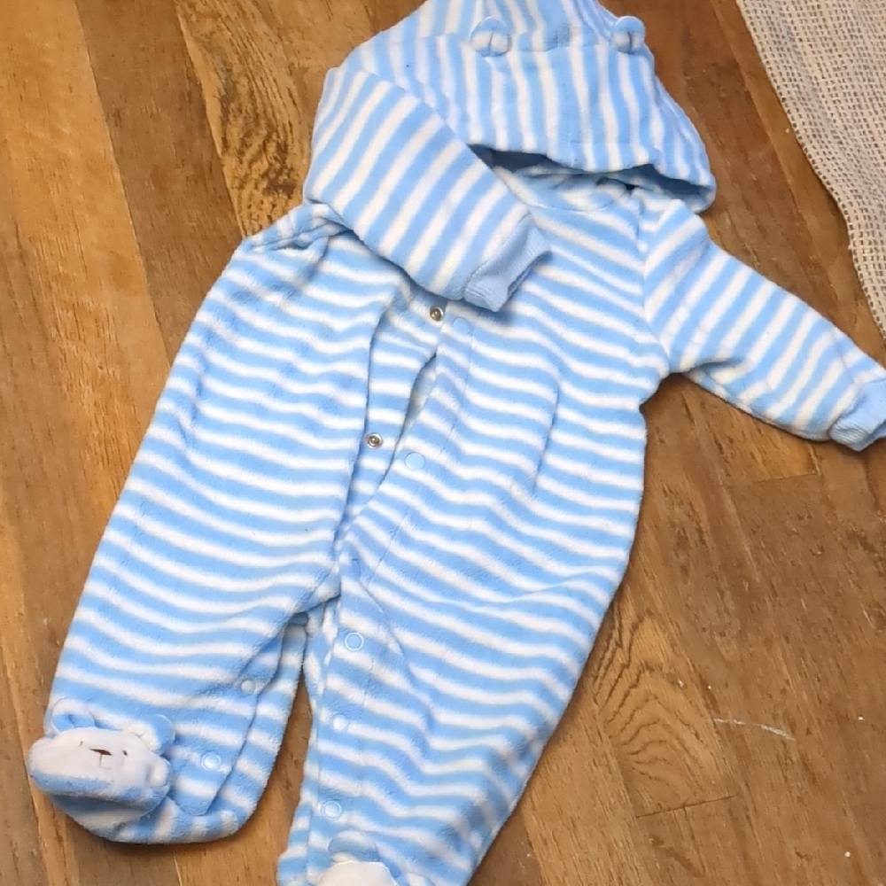 Blue and White Striped Footie One Piece with Hood